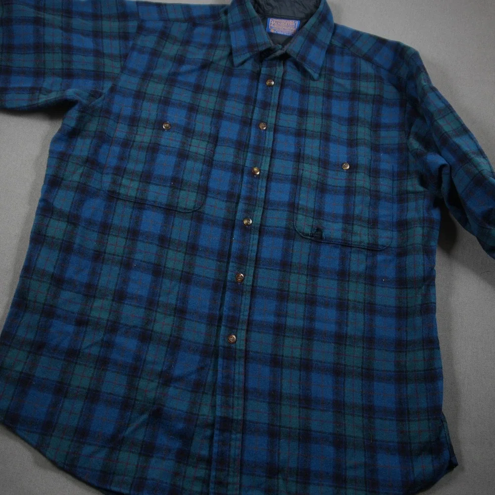 Pendleton Vintage Plaid Wool Flannel Men Shirt L Western Blue Logger Cabin Retro